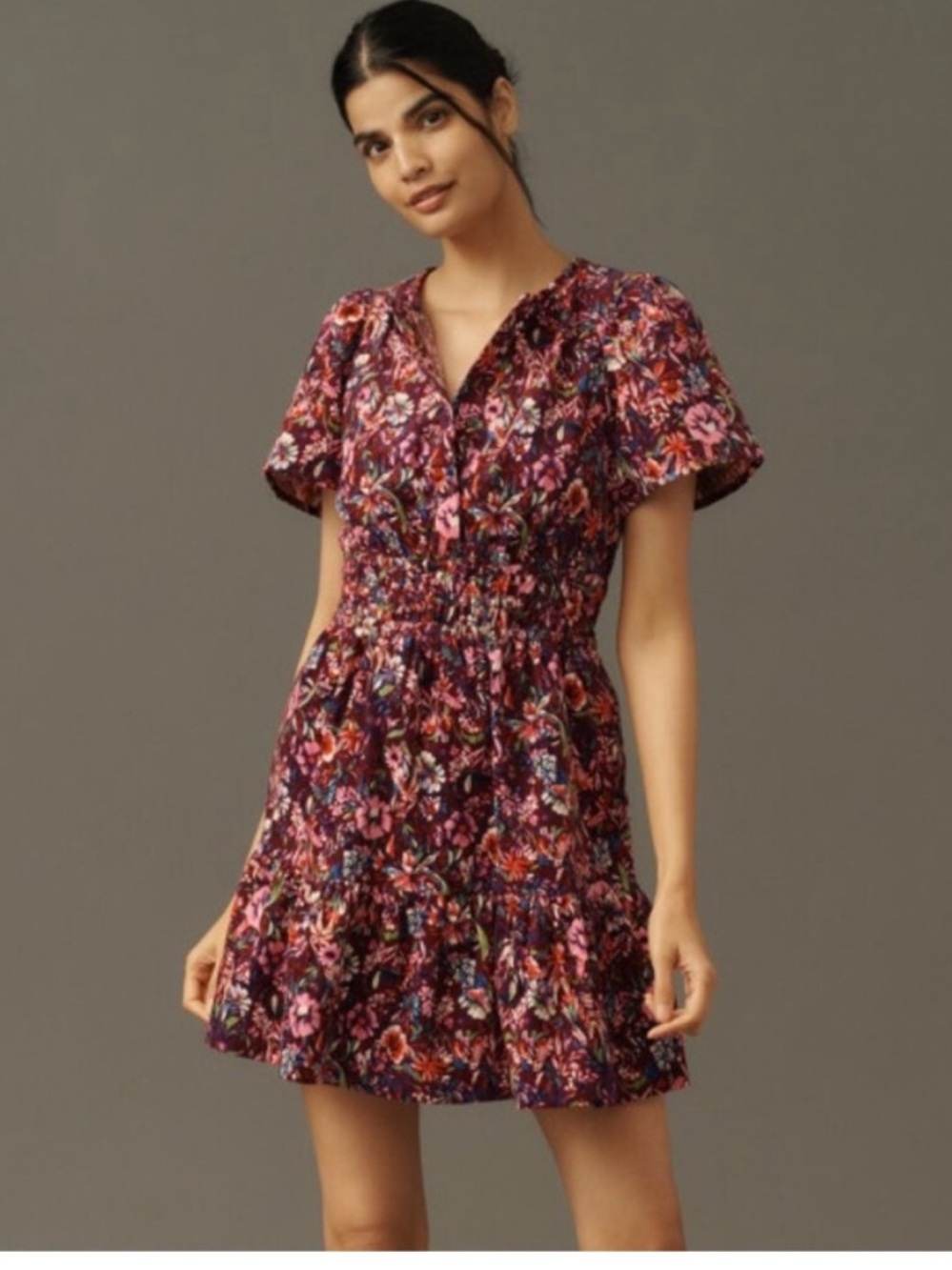 Anthropologie Somerset Mini Corduroy Dress Womens S Purple Floral Tiered Boho